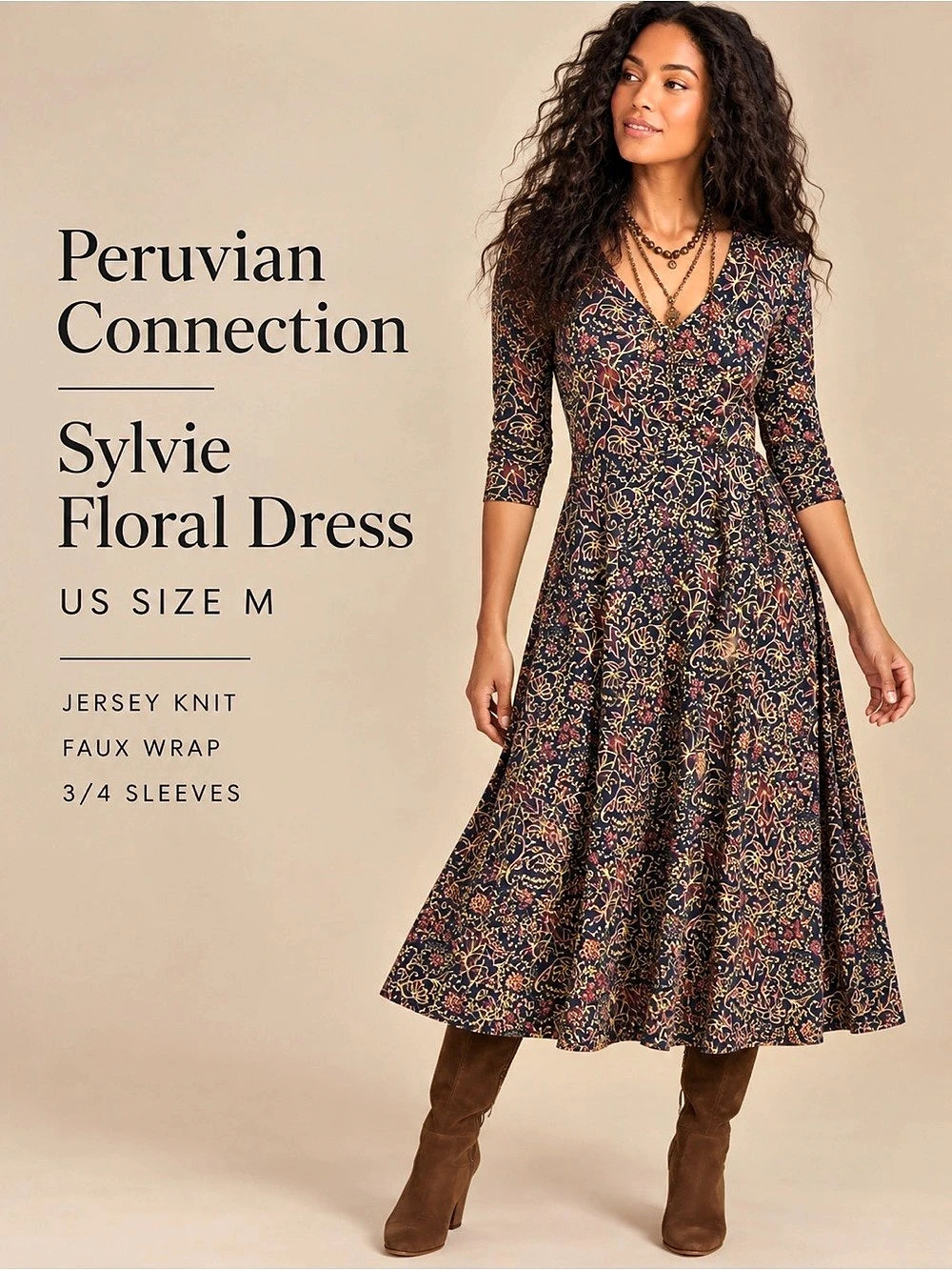 Peruvian Connection Sylvie Floral Jersey Faux Wrap Midi Dress Size M